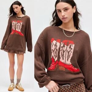 BDG Stella Cowboy Boot Graphic Distressed Oversized Pullover Sweater Brown Boots